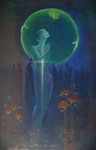 "Omhelzing van het maanlicht "  2025,  80x122 cm. olieverf en reliëf op paneel. Dit gaat niet over fysiek licht. Maar over ons door de nacht omhulde licht. Een “middernachtelijke zon”. In wiens innerlijk licht bloemen kunnen bloeien.