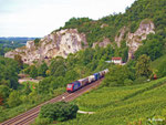 Eine unerkannt gebliebene Re482 bringt einen beladenen Containerzug in die Schweiz. Sie hat gerade den Isteiner Klotz durchfahren (25. August 2010).