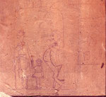 Dessin retrouvé au dos d'un cadre. Entrée de son magasin situé au 61, rue de Namur à Nivelles. On aperçoit le numéro au-dessus de l'entrée, dans un petit encadré. Sur la droite, la vitrine avec deux cadres.