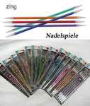 Das Foto zeigt die Nadelspiele Knit Pro Zing in allen erhältlichen Stärken.
