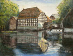 Schlossmühle Rheda, 1987, Öl auf Holz, 27x34