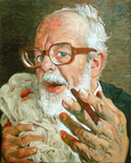 Johannes Grützke: *Professor mit Puppe (Gustav Manker)*, 19.5.2006/17.2.1007, Öl/Leinwand, 100 x 80 cm