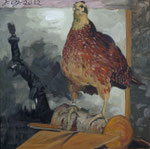 Johannes Grützke: *Es war das Fasanenweibchen (vor der umstürzenden Vendôme-Säule)*, 2012, Öl/Leinwand, 80 x 80 cm
