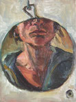 Bettina Moras: *Selbst mit Hals im runden Spiegel*, 2008, Öl/Nessel, 40 x 30 cm