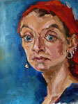 Bettina Moras: *Selbst mit rotem Tuch*, 2010, ÖlLeinwand, 40 x 30 cm