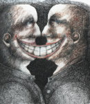 Piotr Kamieniarz: *Das Lächeln I*, 2010, Tusche, Feder, Farbstift/Papier, 34 x 31 cm
