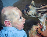 Johannes Grützke: *Kind mit Frischling*, 14.1.2008, Öl/Leinwand, 40 x 50 cm