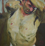 Johannes Grützke: *Selbst mit entblößtem Oberkörper*, 2001, Öl/Leinwand, 100 x 100 cm
