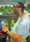 Johannes Grützke: *Warten auf Regen*, 7.7.2009, Öl/Leinwand, 140 x 100 cm