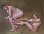 Lilli Hill: *Oxymora der Kirschen (gut miteinander Kirschen essen)*, 2018, Öl, Leinwand, 110 x 140 cm
