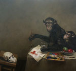 Pavel Feinstein: *N 1356* (Zwei Affen mit Totenkopf), 2009, Öl/Leinwand, 120 x 130 cm