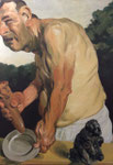 Johannes Grützke: *Ohne Titel* (Mann mit Schale und Skulptur), 29.9.2011, Öl/Leinwand, 140 x 100 cm