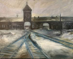 Jürgen Kramer: *Vernichtungslager Auschwitz*, 1986, Öl/Leinwand, 80 x 100 cm 