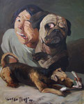 Yongbo Zhao: *Ein Knochen für Drei*, 2010, Öl/Leinwand, 100 x 80 cm