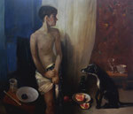 Pavel Feinstein: *N 1263* (Junge mit Hund), 2008, Öl/Leinwand, 130 x 150 cm