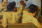 Johannes Grützke: *Männer und Hühner*, 2005, Öl/Leinwand, 136 x 200 cm