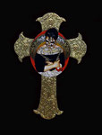 Adelita the Punisher: Ezekiel 25:17 ©2019, Acrylic, Gold Leaf, Nails, Metal Charms, and Black Felt on wood, 20 1/2” h  x  14” w x 1/4” thick, Private Collection