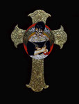 Adelita the Punisher: Ezekiel 25:17 ©2019, Acrylic, Gold Leaf, Nails, Metal Charms, and Black Felt on wood, 20 1/2” h  x  14” w x 1/4” thick, Private Collection