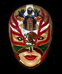 Title: "Tinieblas Jr. on My Mind” Portrait of: Tinieblas Jr. and Maria “Hurricane” Kane ©2019, Acrylic on Wood, Dimensions 20" w x 14" h, Private Commission