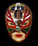 Title: "Tinieblas Jr. on My Mind” Portrait of: Tinieblas Jr. and Maria “Hurricane” Kane ©2019, Acrylic on Wood, Dimensions 20" w x 14" h, Private Commission