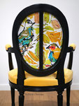 Fauteuil style Louis XVI médaillon, tissu Lalie Design Piou Piou et velours uni Lemming Luciano Marcato
