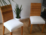 Chaises en osier. Modification de l'assise en conservant les dossiers. Tissu Casal Chota Coton.