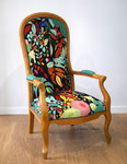 Fauteuil Voltaire tissu Kobe Zéphyr&Co / ponçage intégral et cire antiquaire