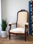 Fauteuil Voltaire. Réfection complète traditionnelle. Tissu Casal Argos Crème