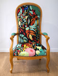 Fauteuil Voltaire tissu Kobe Zéphyr&Co / ponçage intégral et cire antiquaire
