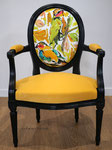 Fauteuil style Louis XVI médaillon, tissu Lalie Design Piou Piou et velours uni Lemming Luciano Marcato