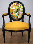 Fauteuil style Louis XVI médaillon, tissu Lalie Design Piou Piou et velours uni Lemming Luciano Marcato
