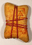 Memory Bundles, No 1 (2004) cotton, fiber-reactive dyes, acrylic, leather thong and stitching, 6.5 x 4 x .75 inches