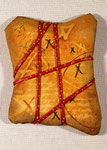 Memory Bundles, No 3 (2004) cotton, fiber-reactive dyes, acrylic, leather thong and stitching, 6 x 4.5 x .75 inches