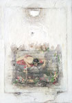 NARCISS IM ECHORAUM, Acrylfarbe, Holz, Spiegelscherbe, Textil auf Lw.100 x 80 cm