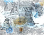 Alleine waren wir und unverdächtig, Acrylfarbe, Laserdruck, Käfer, Zeichenstift auf Lw. 70 x 90 cm