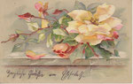 WNB S.3977 1 rose crème-rose, 3 boutons, 1 fleur épanouie sur un mur