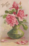 GOM 3007 vase vert avec 3 roses rose, 3 boutons rouges, 1 brun