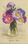 HWB 2236 Vase en verre, reine marguerites roses, parmes, mauves, blanche