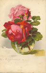 Jounok 173 [vase en verre rond avec 1 rose rouge, 1 rose rose et 1 bouton rouge]
