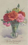 HWB 2246 Vase en verre, œillets roses, rouges, 1 blanc, 1 jaune, boutons