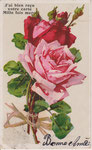 DIV - Kopal 1009 1 rose rouge, 1 rose, 1 bouton rouge, 3 verts, liés avec raphia