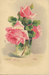M&B 2624 1 vase en verre avec 3 roses roses et 2 boutons verts