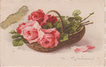 Anonyme 222 - 1 Panier ovale avec anse, 2 roses rose, 2 rouges, 1 bouton vert