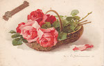 DIV - JG Panier rond avec roses rose, tiges à droite