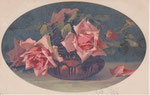 M&B 2279 Ovale foncé sur fond blanc avec bol brun, 3 roses rose, 1 bouton rose