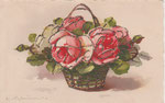 Anonyme 225- 1 Panier rond avec anse, 4 roses rose, 2 boutons verts