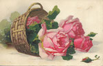 Anonyme 2456-I Panier brun rond avec 4 roses rouges et 1 bouton rouge