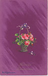 EMKA 113 Petit panier à anse, roses rose, violettes et ruban en haut de l’anse