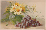 M&B 1288 vase vert, marguerites blanches, grappe de raisins noirs
