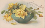 Anonyme 2459-II Bol vert avec 3 roses jaunes, 1 bouton jaune, 2 bruns
